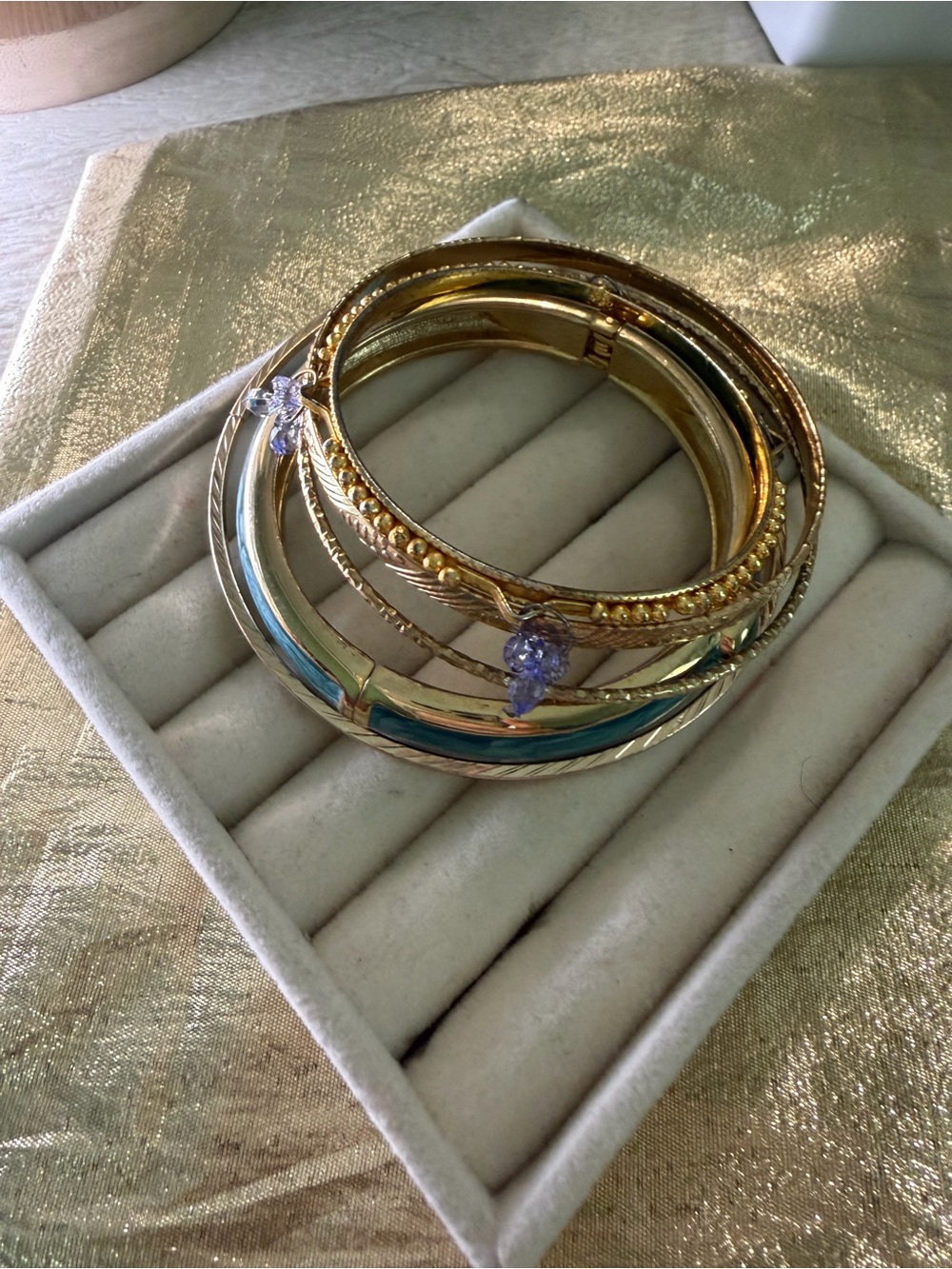 Gold and Teal Multi-Bangle Bracelet Set with Purple Accent Stones